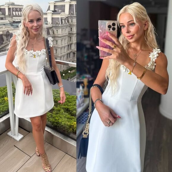 Nadine Merabi Cindy Mini Dress White Flower Applique Rosette Square Neck Size XL - Picture 15 of 16